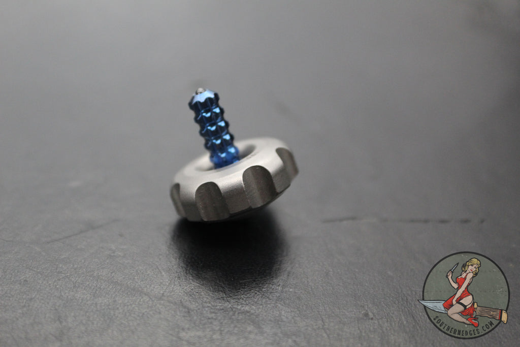 Marfione 2017 Custom Mini Spin Top- Bead Blast Finished Stainless Steel W/ Blue Titanium Stem SN061