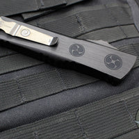 Marfione Custom Knives Special O-Yari Combat Troodon- Engraved Black Handle- Double Edge Chisel Ground DLC Diamondwash Blade - Carbon Fiber Button
