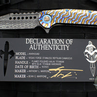 Marfione Custom Warhound Flipper- Polished And Flamed Titanium Handle- Vegas Forge Reptilian Damascus Blade- Blue Hardware