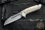 Marfione Custom Warhound Flipper- Polished And Flamed Titanium Handle- Vegas Forge Reptilian Damascus Blade- Blue Hardware