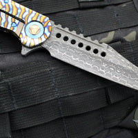 Marfione Custom Warhound Flipper- Polished And Flamed Titanium Handle- Vegas Forge Reptilian Damascus Blade- Blue Hardware