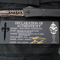 Marfione Custom Combat Troodon- Hellhound- Hefted Black Handle- Hot Blued Volcanic River Pattern Baker Forge Damascus- Copper Ringed Hardware V2