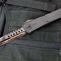 Marfione Custom Combat Troodon- Hellhound- Hefted Black Handle- Hot Blued Volcanic River Pattern Baker Forge Damascus- Copper Ringed Hardware V2