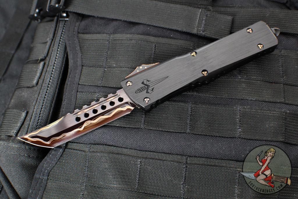 Marfione Custom Combat Troodon- Hellhound- Hefted Black Handle- Hot Blued Volcanic River Pattern Baker Forge Damascus- Copper Ringed Hardware V2
