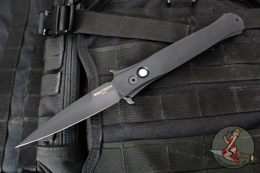 Protech Large Don OTS Auto Knife- Black Handle- Black DLC Blade- MOP Inlaid Button 1921-LTD