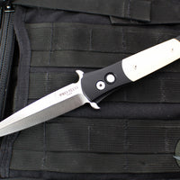 Protech Large Don OTS Auto Knife- Tuxedo- Black Handle- Ivory Micarta Inlay- Satin Blade 1951