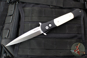 Protech Large Don OTS Auto Knife- Tuxedo- Black Handle- Ivory Micarta Inlay- Satin Blade 1951