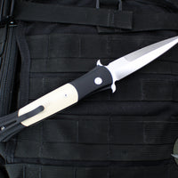 Protech Large Don OTS Auto Knife- Tuxedo- Black Handle- Ivory Micarta Inlay- Satin Blade 1951