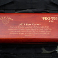 Protech 2022 Custom Auto Terzuola ATCF - Stainless Steel Handle with Abalone Inlays- Abalone Button Inlay- Nichols Damascus Blade 2022-ATCF-001 Custom Ltd.