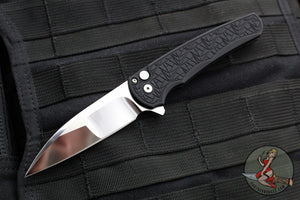 Protech Custom Malibu Flipper- 2024 001- Wharncliffe- Black "Nexus" 25th Anniversary Patterned Handle- Mike Irie Compound Ground Mirror Polished Blade