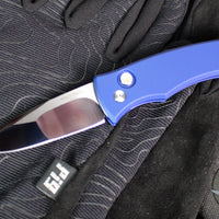 Protech Custom Duke 2 Out The Side (OTS) Auto Knife - Blue Handle- Mike Irie Compound Ground Mirror Polished Blade- Abalone Button 2025 Custom Duke 004