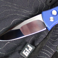 Protech Custom Duke 2 Out The Side (OTS) Auto Knife - Blue Handle- Mike Irie Compound Ground Mirror Polished Blade- Abalone Button 2025 Custom Duke 004