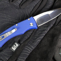 Protech Custom Duke 2 Out The Side (OTS) Auto Knife - Blue Handle- Mike Irie Compound Ground Mirror Polished Blade- Abalone Button 2025 Custom Duke 004