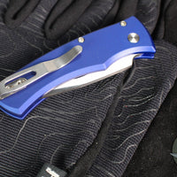 Protech Custom Duke 2 Out The Side (OTS) Auto Knife - Blue Handle- Mike Irie Compound Ground Mirror Polished Blade- Abalone Button 2025 Custom Duke 004