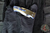 Protech Custom Duke 2 Out The Side (OTS) Auto Knife - Two-Tone Blue/Gold Anodized Titanium Handle- Abalone Inlay- Mike Irie Compound Ground Mirror Polished Blade- Abalone Button 2026 Custom Duke 003