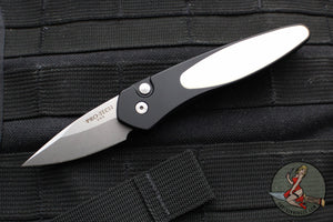 Protech Half-Breed Out The Side OTS Auto Knife- Tuxedo- Black Handle- Polished Ivory Micarta Inlay- Stonewash Blade 3651