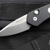 Protech Half-Breed Out The Side OTS Auto Knife- Tuxedo- Black Handle- Polished Ivory Micarta Inlay- Stonewash Blade 3651