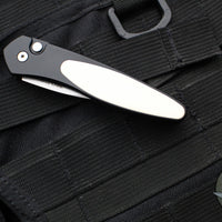 Protech Half-Breed Out The Side OTS Auto Knife- Tuxedo- Black Handle- Polished Ivory Micarta Inlay- Stonewash Blade 3651