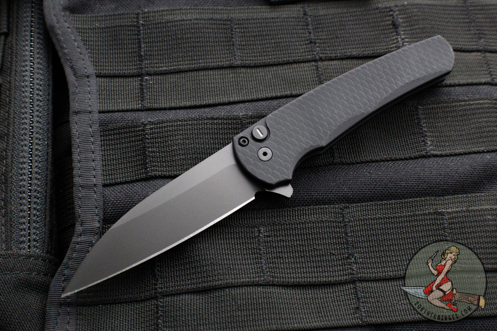 Protech Malibu Flipper- Wharncliffe Blade- Black "Dragon Scale" Textured Handle- Black DLC Magnacut Steel Blade- Tritium Button Inlay 5336-OPERATOR