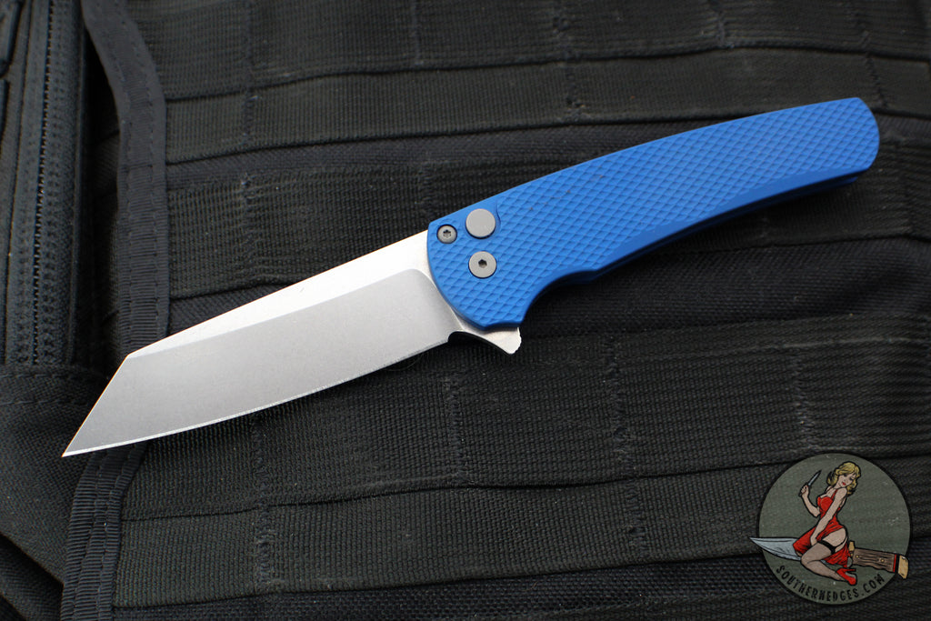 Protech Malibu Flipper- Reverse Tanto- Blue Textured Handle- Stonewash Magnacut Blade 5405-BLUE