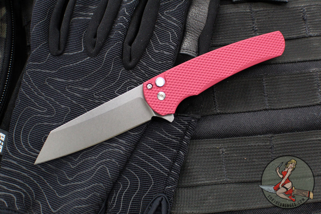 Protech Malibu Flipper- Reverse Tanto- Textured Red Handle- Stonewash Magnacut Blade- Gold Lip Pearl Button 5405 LTD-RED