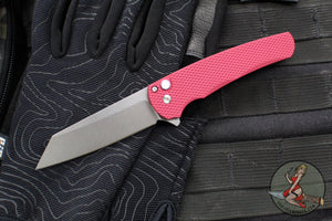 Protech Malibu Flipper- Reverse Tanto- Textured Red Handle- Stonewash Magnacut Blade- Gold Lip Pearl Button 5405 LTD-RED