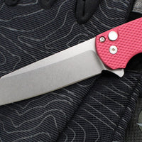 Protech Malibu Flipper- Reverse Tanto- Textured Red Handle- Stonewash Magnacut Blade- Gold Lip Pearl Button 5405 LTD-RED