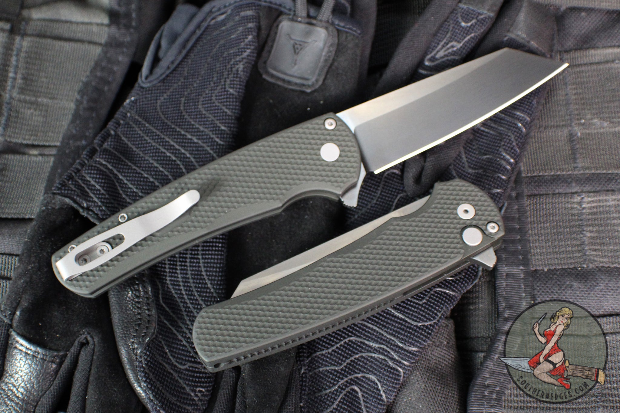 Protech Malibu Flipper- Reverse Tanto- Green Textured Handle- Smokey G ...