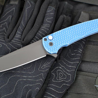 Protech Malibu Flipper- Reverse Tanto- Blue Battleworn Dragon Scale Handle- Black DLC Magnacut Blade- MOP Button 5436-BW BLUE LTD