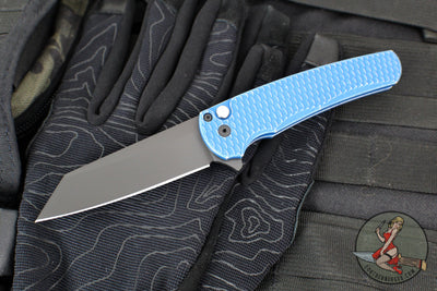 Protech Malibu Flipper- Reverse Tanto- Blue Battleworn Dragon Scale Handle- Black DLC Magnacut Blade- MOP Button 5436-BW BLUE LTD