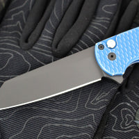 Protech Malibu Flipper- Reverse Tanto- Blue Battleworn Dragon Scale Handle- Black DLC Magnacut Blade- MOP Button 5436-BW BLUE LTD