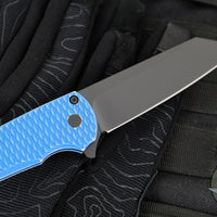 Protech Malibu Flipper- Reverse Tanto- Blue Battleworn Dragon Scale Handle- Black DLC Magnacut Blade- MOP Button 5436-BW BLUE LTD