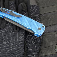Protech Malibu Flipper- Reverse Tanto- Blue Battleworn Dragon Scale Handle- Black DLC Magnacut Blade- MOP Button 5436-BW BLUE LTD