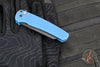 Protech Malibu Flipper- Reverse Tanto- Blue Battleworn Dragon Scale Handle- Black DLC Magnacut Blade- MOP Button 5436-BW BLUE LTD
