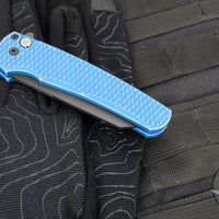 Protech Malibu Flipper- Reverse Tanto- Blue Battleworn Dragon Scale Handle- Black DLC Magnacut Blade- MOP Button 5436-BW BLUE LTD