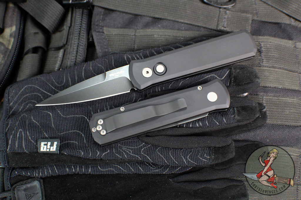 Protech Godson Out The Side Auto (OTS)- Black Handle- Black DLC Washed Blade 721-DLCW