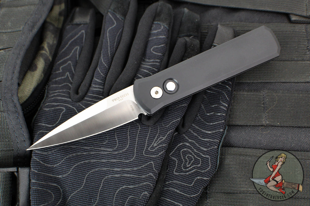 Protech Godson Out The Side Auto (OTS)- Black Handle- Satin Blade- Pearl Button 721-MOP