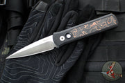 Protech- Godson Out The Side Auto (OTS)- Black Aluminum Handle- Livewire Copper Carbon Fiber Inlay- Satin Blade- Black Lip Pearl Button 7210 Livewire