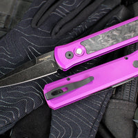Protech- Godson Out The Side Auto (OTS)- Purple Aluminum Handle- Marble Carbon Fiber Inlay- Black DLC Wash Blade- Black Lip Pearl Button 7211-Marble CF Purple DLCW