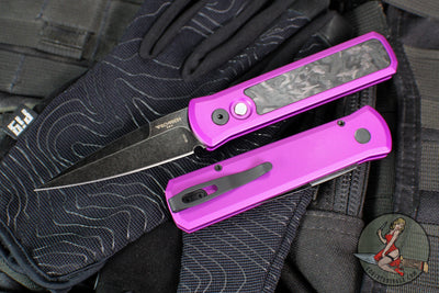 Protech- Godson Out The Side Auto (OTS)- Purple Aluminum Handle- Marble Carbon Fiber Inlay- Black DLC Wash Blade- Black Lip Pearl Button 7211-Marble CF Purple DLCW