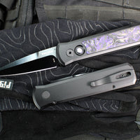 Protech- Godson Out The Side Auto (OTS)- Black Aluminum Handle- Violet Marble Carbon Fiber Inlay- Black DLC Satin Blade- Black Lip Pearl Button 7214-Violet CF