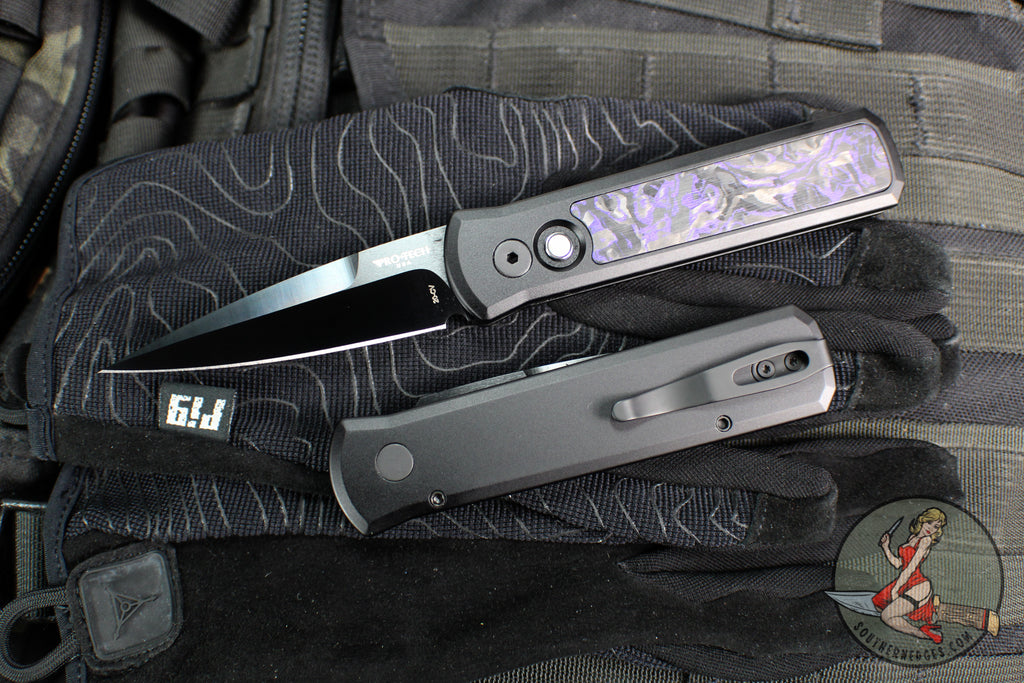 Protech- Godson Out The Side Auto (OTS)- Black Aluminum Handle- Violet Marble Carbon Fiber Inlay- Black DLC Satin Blade- Black Lip Pearl Button 7214-Violet CF