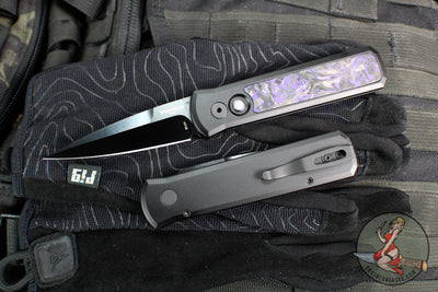 Protech- Godson Out The Side Auto (OTS)- Black Aluminum Handle- Violet Marble Carbon Fiber Inlay- Black DLC Satin Blade- Black Lip Pearl Button 7214-Violet CF