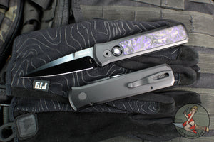 Protech- Godson Out The Side Auto (OTS)- Black Aluminum Handle- Violet Marble Carbon Fiber Inlay- Black DLC Satin Blade- Black Lip Pearl Button 7214-Violet CF
