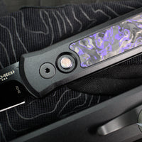 Protech- Godson Out The Side Auto (OTS)- Black Aluminum Handle- Violet Marble Carbon Fiber Inlay- Black DLC Satin Blade- Black Lip Pearl Button 7214-Violet CF