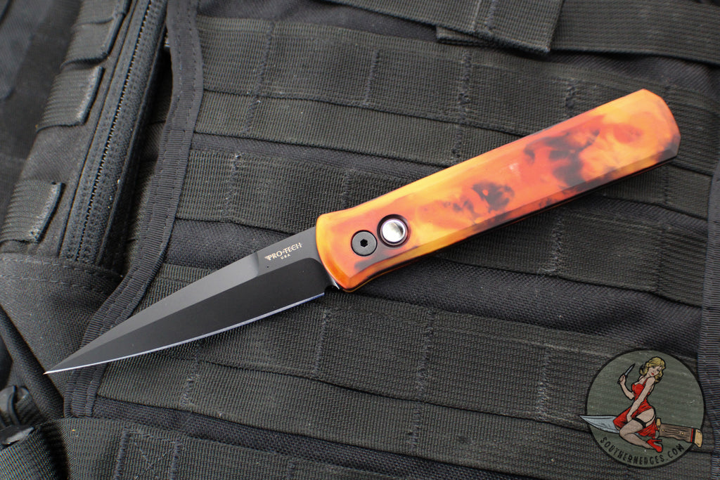 Protech Godfather Out The Side (OTS) Knife- "Del Fuego" Custom Finish- Black DLC Blade- MOP Inlaid Button 921-DF2
