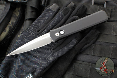 Protech Godfather Out The Side (OTS) Knife- Black Handle- Satin Blade- Mother Of Pearl Button 921-MOP