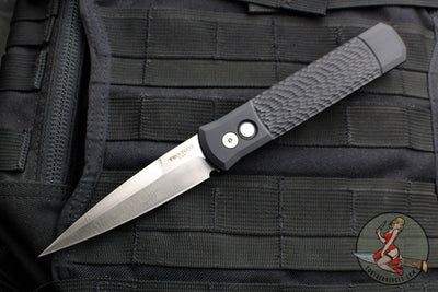 Protech Godfather Out The Side (OTS) Knife- Jigged Black Handle- Satin Blade And HW 925-LTD