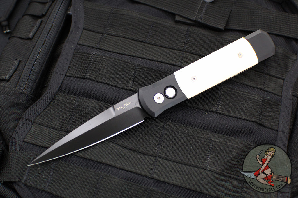 Protech Godfather Black And Ivory Micarta Tuxedo Out The Side (OTS) Knife DLC Black Blade 952