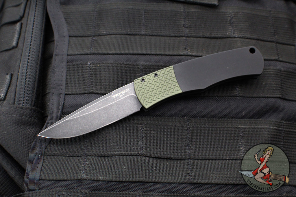 Protech Magic "Whiskers" Out The Side (OTS) Auto- Hidden Bolster Release Knife- Black Body- Green Textured Bolster- Black DLC Wash Blade BR-1.7 LTD-GREEN DLCW